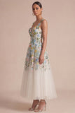White Floral A Line Corset Square Neck Midi Dress