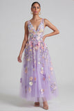 Lilac A Line Appliqued V Neck Floral Dress