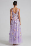 Lilac A Line Appliqued V Neck Floral Dress