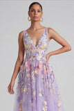 Lilac A Line Appliqued V Neck Floral Dress