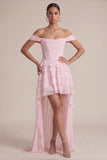 Off the Shoulder Pink A Line Ruffled Corset High-Low Dress