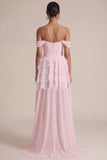 Off the Shoulder Pink A Line Ruffled Corset High-Low Dress