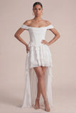 Off the Shoulder Pink A Line Ruffled Corset High-Low Dress