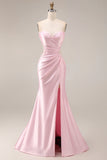 Pink Sweetheart Satin Mermaid Ruched Long Prom Dress with Slit