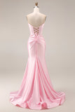 Pink Sweetheart Satin Mermaid Ruched Long Prom Dress with Slit