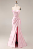 Pink Sweetheart Satin Mermaid Ruched Long Prom Dress with Slit