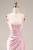 Pink Sweetheart Satin Mermaid Ruched Long Prom Dress with Slit