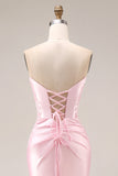 Pink Sweetheart Satin Mermaid Ruched Long Prom Dress with Slit