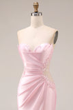 Pink Sweetheart Satin Mermaid Ruched Long Prom Dress with Slit