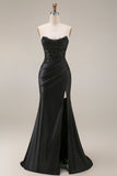 Black Mermaid Strapless Corset Ruched Beaded Long Prom Dress with Slit