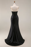Black Mermaid Strapless Corset Ruched Beaded Long Prom Dress with Slit