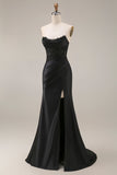 Black Mermaid Strapless Corset Ruched Beaded Long Prom Dress with Slit