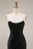 Black Mermaid Strapless Corset Ruched Beaded Long Prom Dress with Slit