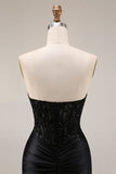 Black Mermaid Strapless Corset Ruched Beaded Long Prom Dress with Slit