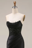 Black Mermaid Strapless Corset Ruched Beaded Long Prom Dress with Slit
