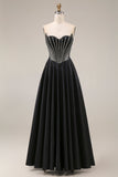 Black A-Line Sweetheart Corset Long Satin Prom Dress