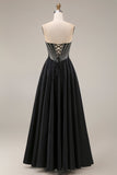 Black A-Line Sweetheart Corset Long Satin Prom Dress