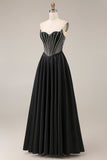 Black A-Line Sweetheart Corset Long Satin Prom Dress