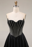 Black A-Line Sweetheart Corset Long Satin Prom Dress