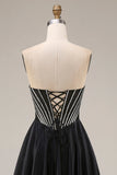 Black A-Line Sweetheart Corset Long Satin Prom Dress