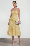 Yellow Sweetheart Ruched Lace Midi Dress