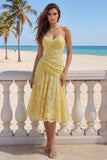 Yellow Sweetheart Ruched Lace Midi Dress