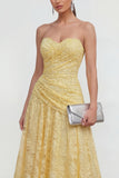 Yellow Sweetheart Ruched Lace Midi Dress