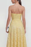 Yellow Sweetheart Ruched Lace Midi Dress