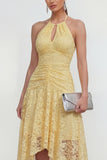 Yellow Lace A-Line Halter Asymmetrical Midi Dress with Keyhole