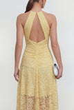 Yellow Lace A-Line Halter Asymmetrical Midi Dress with Keyhole
