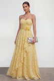 Yellow Sweetheart Ruched Long Lace Maxi Dress with 3D Flower