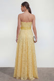 Yellow Sweetheart Ruched Long Lace Maxi Dress with 3D Flower