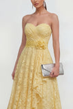Yellow Sweetheart Ruched Long Lace Maxi Dress with 3D Flower