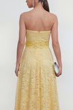Yellow Sweetheart Ruched Long Lace Maxi Dress with 3D Flower