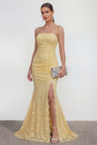 Yellow Lace Strapless Mermaid Maxi Dress with Slit