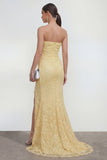 Yellow Lace Strapless Mermaid Maxi Dress with Slit