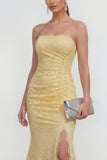 Yellow Lace Strapless Mermaid Maxi Dress with Slit