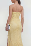 Yellow Lace Strapless Mermaid Maxi Dress with Slit