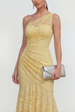 Lace Yellow One Shoulder Ruched Mermaid Long Dress