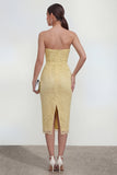 Yellow Sweetheart Ruched Bodycon Midi Dress with Slit