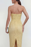 Yellow Sweetheart Ruched Bodycon Midi Dress with Slit