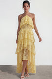 Yellow A Line Asymmetrical Corset Tiered Lace Dress with Ruffles