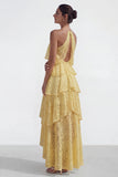 Yellow A Line Asymmetrical Corset Tiered Lace Dress with Ruffles