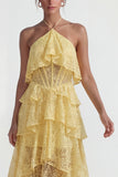 Yellow A Line Asymmetrical Corset Tiered Lace Dress with Ruffles