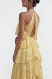 Yellow A Line Asymmetrical Corset Tiered Lace Dress with Ruffles