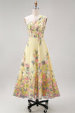 Yellow A-Line One Shoulder Embroidered Floral Midi Dress