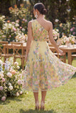 Yellow A-Line One Shoulder Embroidered Floral Midi Dress