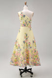 Yellow A-Line One Shoulder Embroidered Floral Midi Dress