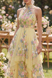 A-Line Yellow Halter Neck Embroidered Floral Midi Dress