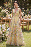 A-Line Yellow V-Neck Embroidered Long Floral Dress